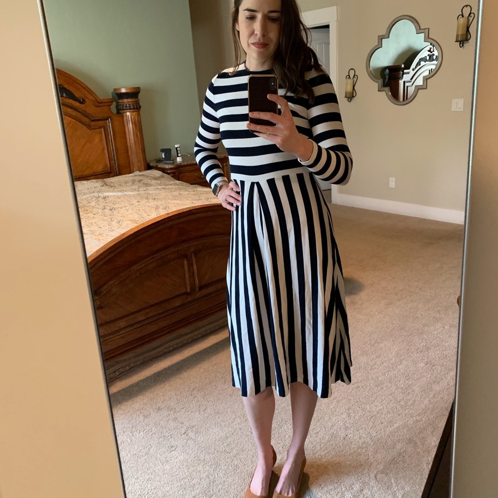 LK Bennett Navy and Cream Striped Midi Dress Sz 8